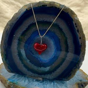 16” Sterling Silver Box Chain With Elegant Hand Blown Glass Red Heart Pendant